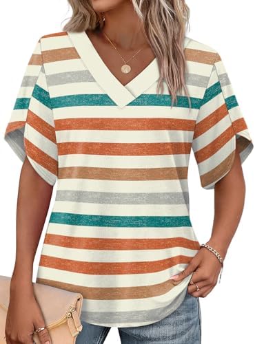 Overlapping petal sleeves and the warm banded Striped 02 pattern give this summer V-neck blouse an easy, relaxed drape.