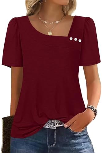 A deep winered summer top cut with a decorative buttoned square neck and gentle puff sleeves in our softest knit.