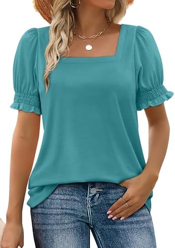 A square neckline and ruffled elastic sleeves give this vibrant blue knit top an easy shape that dresses up or down.