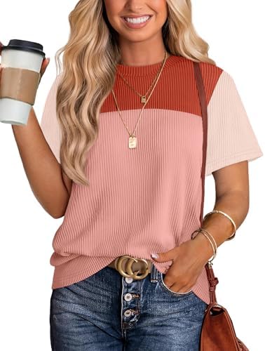 Striped in light coral, this loose short-sleeve tee pairs soft elastic knit with a warm wash of summer color.