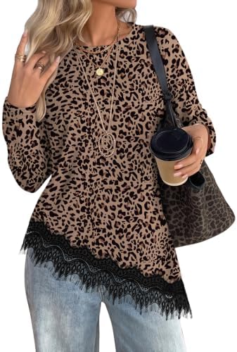 A leopard print tunic with a curved asymmetrical hem and delicate lace trim along the bottom edge.