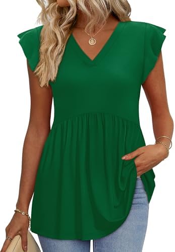 Fluttering ruffle sleeves meet an open V-neck in this vibrant green babydoll top cut for warm sunny days.