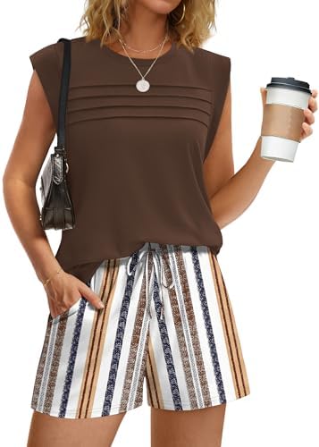 Earth-toned horizontal stripes give this breezy tank and drawstring shorts pairing an understated look for warm afternoons.