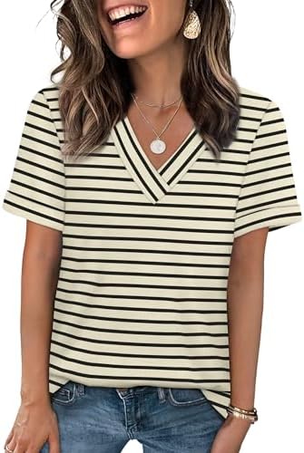 Warm apricot grounds crisp black stripes on this soft V-neck tee with permanent rolled cuffs for sunny days.