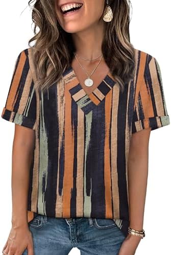 Thin black stripes across a warm camel base give this soft v-neck tee a grounded, tidy feel for everyday warm-weather wear.