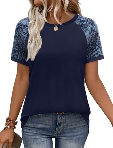 Raglan short sleeves and deep navy color blocking make this soft summer tee an easy match for white denim or linen shorts.