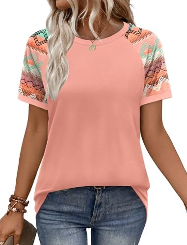 A vibrant coral raglan tee with clean color blocking that brings cheerful warm-weather color to denim shorts and linen skirts.