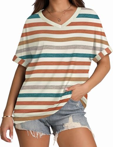 Bright orange stripes and rolled cuffs give this lightweight summer tee an easy, cheerful look for warm days.
