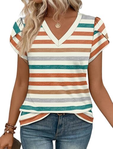 Bright color striped knit pairs a neat V-neck with soft petal sleeves for easy everyday rotation on warm mornings.