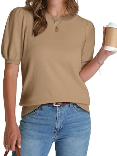 Subtle puff sleeves and a fine knit texture give this warm khaki top a tidy look that works under blazers or with dark denim.