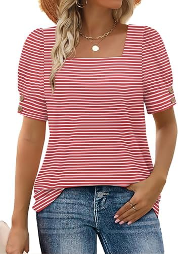 Bold red stripes and button-trimmed puff sleeves give this square-neck top a lively, graphic finish for sunny days.