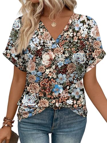 A vivid floral pattern on a lightweight poly-spandex knit gives this classic V-neck tee an energetic look.