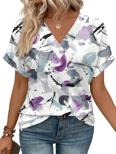 Soft purple botanical print brings cool color to a relaxed V-neck top cut with rolled short sleeves for easy warm days.