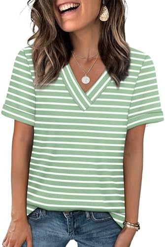Crisp green and white stripes bring a fresh, maritime feel to this easy V-neck top cut with rolled short sleeves.