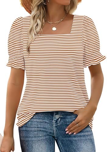 Warm caramel striping runs across this square-neck knit top with soft elastic ruffle sleeves.