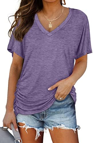 Gathered side seams and a soft light purple knit give this loose V-neck tee an easy drape through warm afternoons.