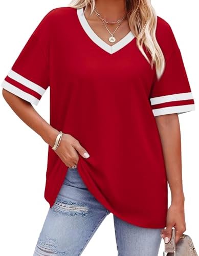 Contrasting striped cuffs add a graphic note to this breezy red crewneck top, cut loose through the body in our soft summer knit.