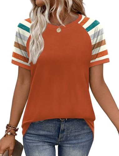Warm orange stripes meet contrast raglan sleeves on a lightweight summer knit tee cut for easy mornings and beach trips.