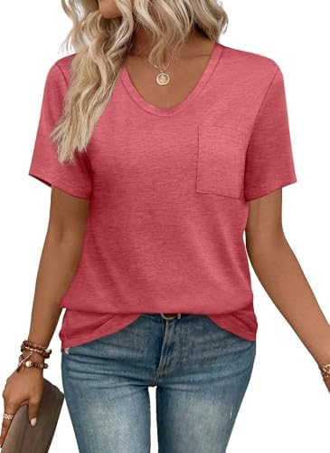 A soft pink knit top with an open scoop neckline, neat chest pocket, and an easy loose drape through the torso.