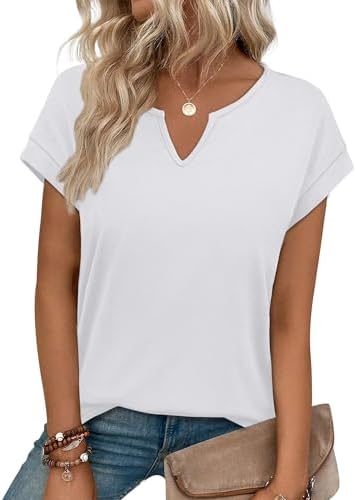 A crisp solid white tee cut with capped sleeves and a subtle V-neckline to pair with suit pants, denim, or patterned skirts.