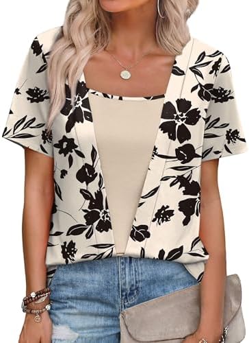 A square-neck tee with built-in layered styling, patterned in muted beige floral for easy weekday mornings.