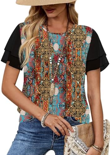 Double-layer chiffon ruffle sleeves and a lively ethnic print turn this easy crewneck into a summer standout.