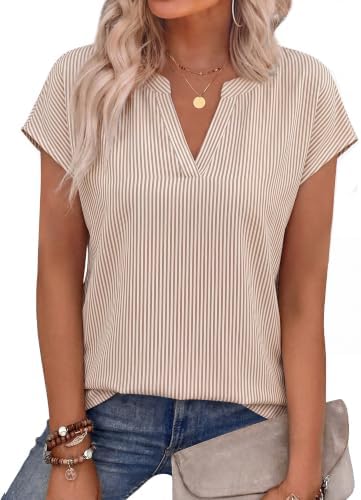 Crisp horizontal brown bands break up the light base on this notched tee, cut with neat cap sleeves for warm summer days.