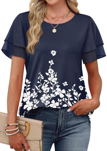 Lightweight chiffon ruffle sleeves bring airy texture to this navy floral tee, cut for warm days and easy packing.
