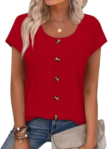 A vivid classic red knit top cut with a gentle U-neckline and decorative front buttons that stay closed without gaping.