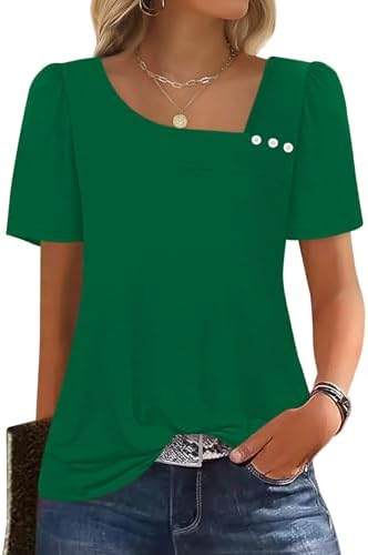 A vivid green knit tee designed with a button-trimmed square neckline and gentle puff sleeves for sunny mornings.