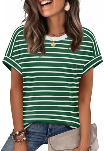 Crisp green stripes give this soft cap-sleeve crewneck a fresh, easy look that pairs cleanly with white denim or shorts.
