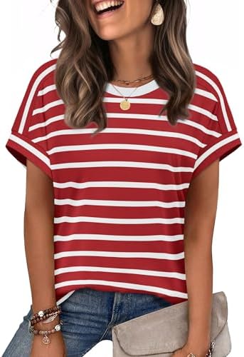 Horizontal red stripes bring a cheerful maritime feel to this soft cap sleeve crewneck cut for easy warm-weather packing.