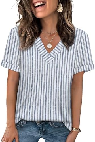 Crisp blue stripes on a white base give this soft v-neck tee a breezy coastal feel for warm sunny days.