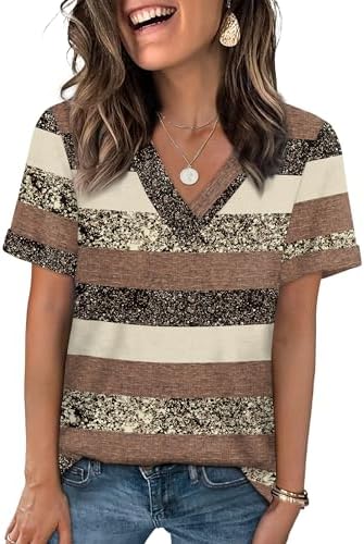 Evenly spaced brown stripes bring a warm, grounded look to this soft knit tee, finished with a neat V-neck and rolled sleeves.