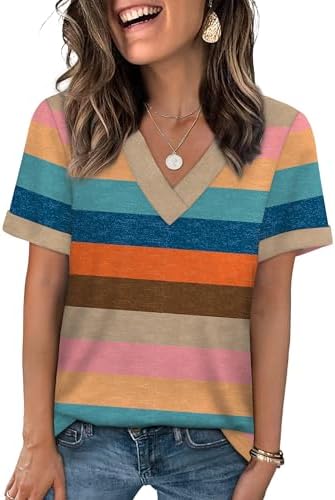 Bright horizontal bands bring cheerful energy to this breathable V-neck tee with sewn rolled cuffs.