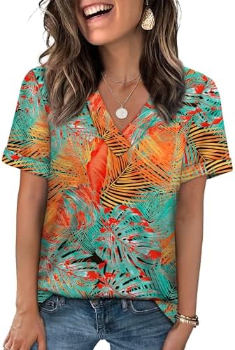 A lively floral tropical print brightens this soft, loose V-neck tee sewn with neat rolled sleeves.