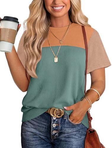 Vibrant green and orange colorblocking gives this ribbed knit tee a bright look that pairs easily with denim shorts or light trousers.