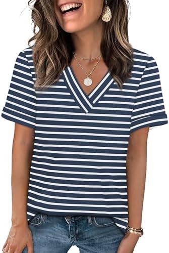Crisp navy and white horizontal stripes give this breezy V-neck tee an easy maritime feel for warm days by the water.