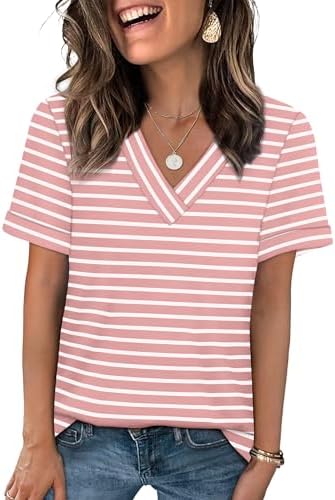 Horizontal pink and white stripes brighten up this relaxed V-neck tee cut with neat rolled cuffs for sunny days.