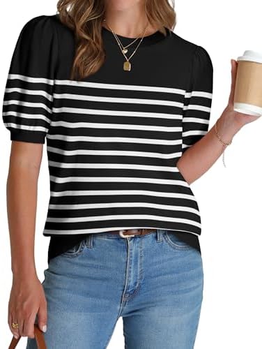Crisp horizontal black and white stripes meet subtle puff sleeves in a breathable fine-gauge knit that works for desk or dinner.