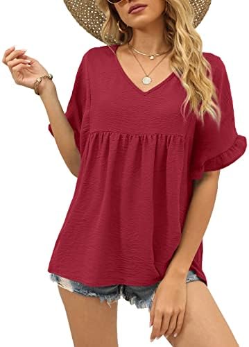 Cut in a bold red polyester weave, this airy summer blouse features ruffled short sleeves and an easy babydoll flare.