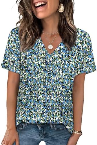 A cool floral blue print covers this relaxed v-neck tee, finished with neat rolled cuffs for warm weekdays.