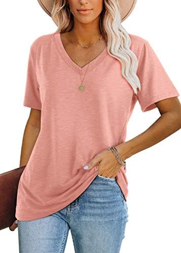 A soft pink tee cut with a classic V-neck and a cool, stretchy drape that tucks easily into denim shorts.