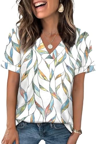 A lively multi leaf print covers this breathable knit top, finished with stitched rolled sleeves and a neat V-neckline.