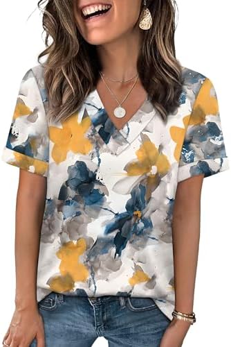 A soft v-neck summer tee with fixed rolled cuffs, patterned in multi teal tones that brighten denim or white linen trousers.