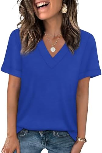 A crisp blue knit with a gentle V-neckline and rolled short sleeves, cut loose through the torso for warm summer days.