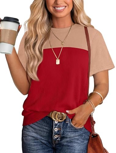 Vibrant red panels contrast across a soft ribbed knit, giving this loose summer tee an energetic everyday look.