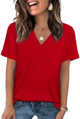 A bright red summer top cut in a soft jersey knit with a neat V neckline and rolled cuffs for easy daily wear.