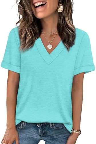 A classic V-neck cut with rolled short sleeves in our soft polyester-rayon blend for warm summer days.