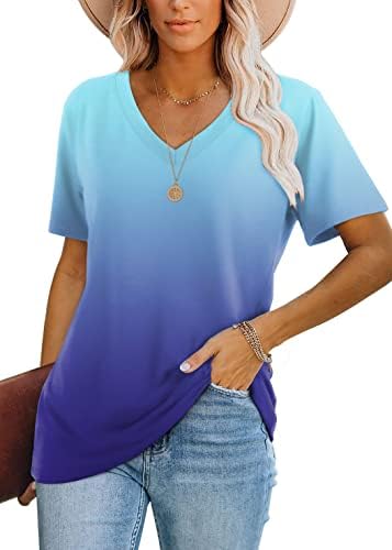 A cool ombre blue gradient shifts across a soft stretch knit cut with a neat V-neck and a relaxed hem.